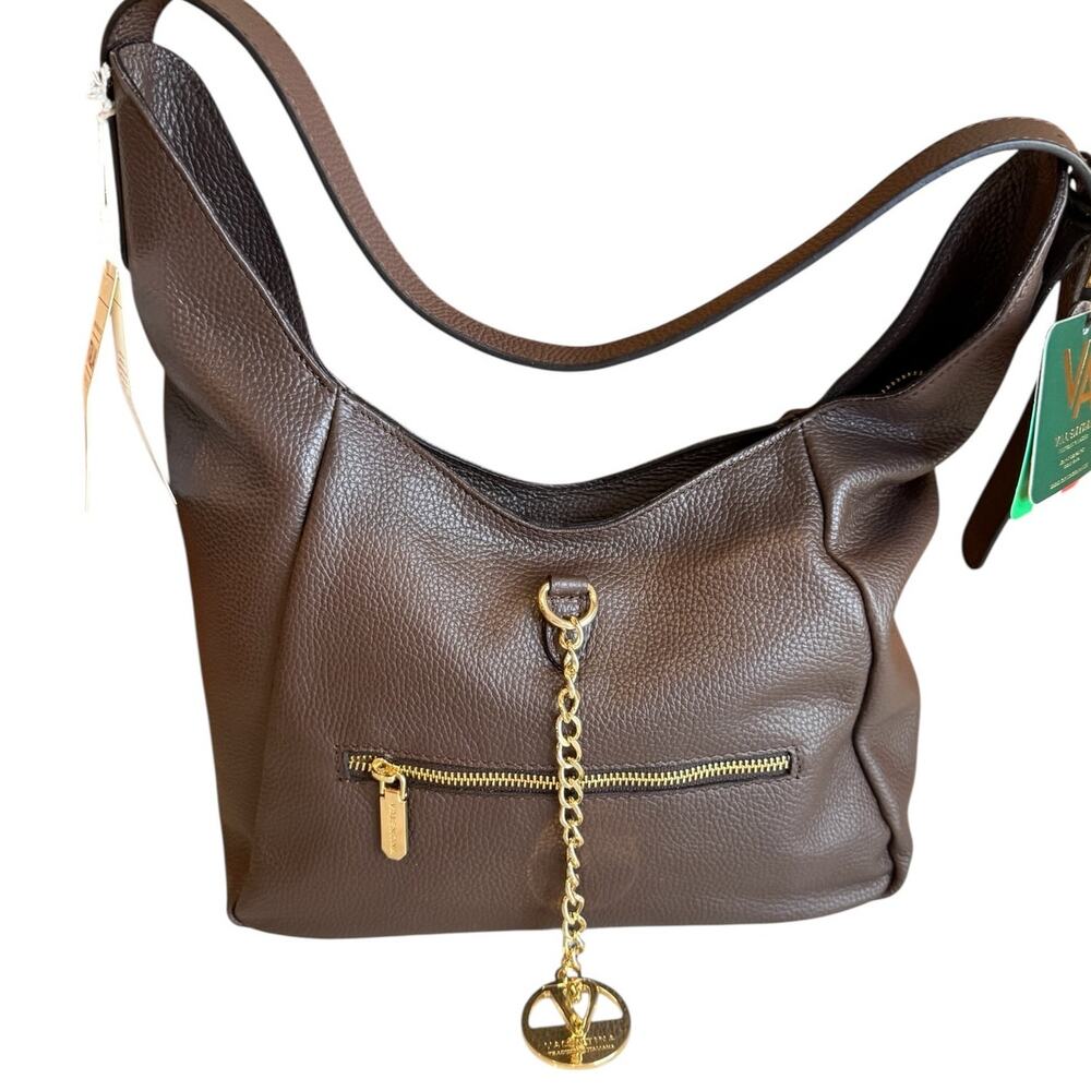 Valentina Pebbled Leather Crescent Hobo Shoulder Bag Gold Chain Detail Brown